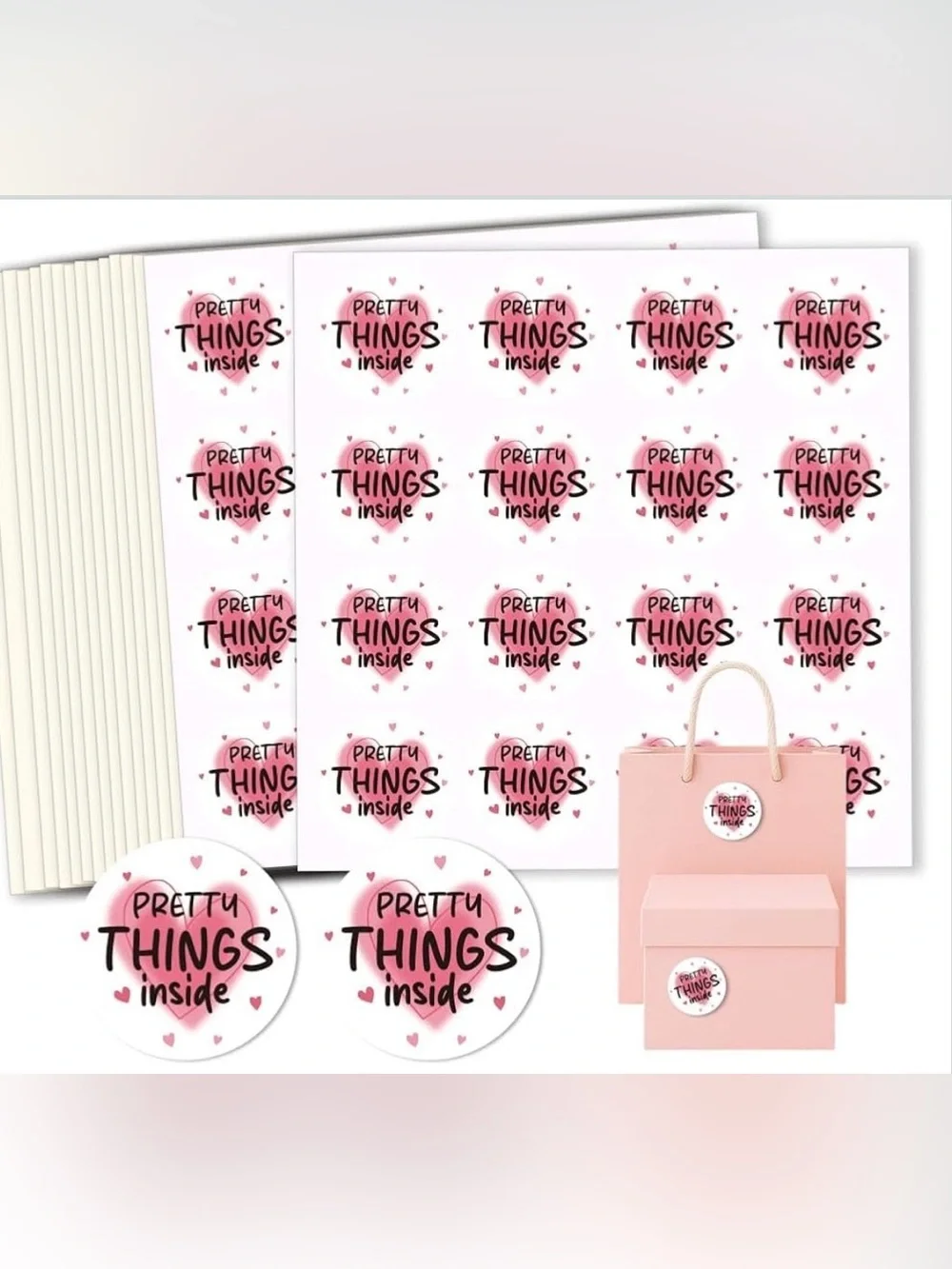 96 Count Round 'Pretty Things Inside' Pink Heart Sticker